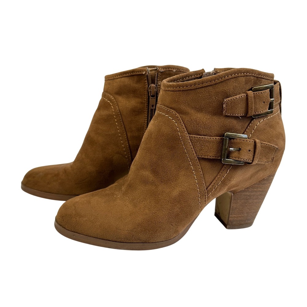 Crown Vintage Brown‎ Suede Buckle Ankle Boots Block Heel Women Size 8M
